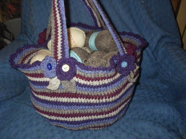 A work bag made from yarn left over from another project